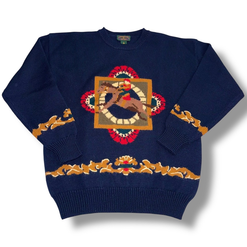 Charter Club Large Navy Blue Wool Equestrian Horse Fair Isle Sweater Vintage 90s
